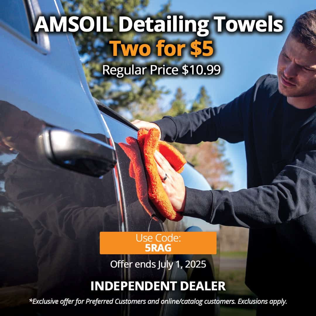 image banner of amsoil offer "Two-pack of AMSOIL Microfiber Detailing Towels (G3912) for $5"